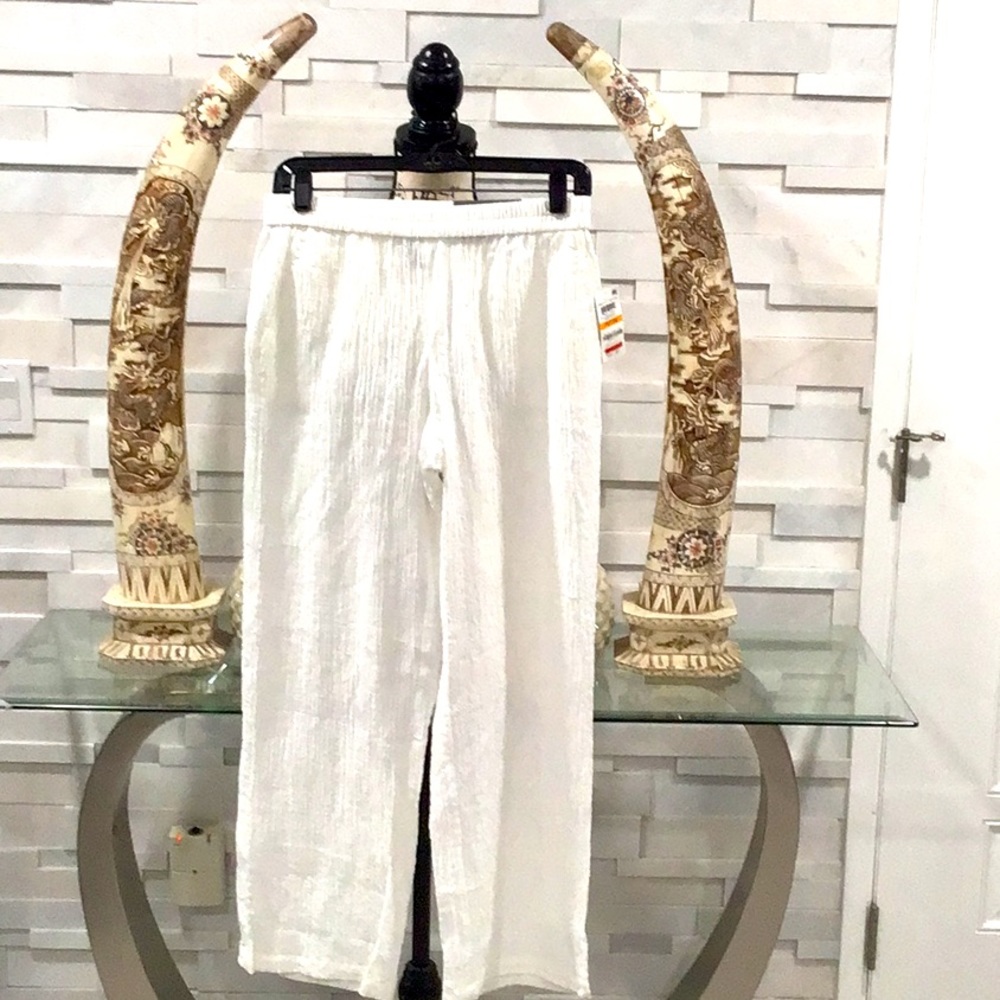 🆕 JM Petite Cotton Gauze Pull On Wide Leg Pants Elastic Waist High Rise White